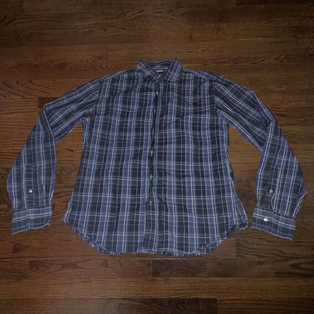 Todd Snyder Shirt Mens Medium Button Front Plaid Blue Green White 100% Cotton